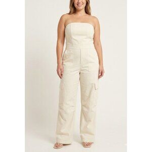 Zara Size XL Cream Vanilla Utility Strapless Cargo Pockets Wide Leg Jumpsuit